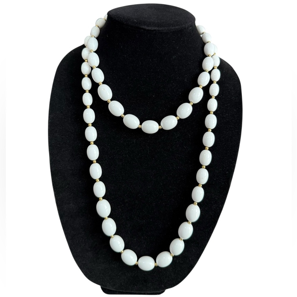 Vintage Monet Signed White Oval Beaded Necklace 2 pc. Set